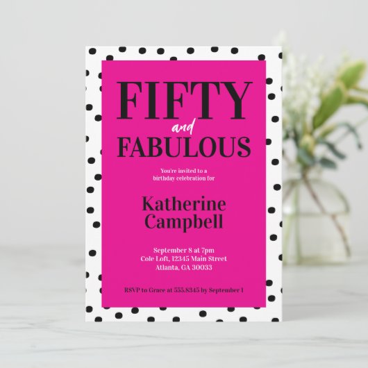 Fifty and Fabulous Black Hot Pink 50th Birthday Kaart (Staand voorkant)