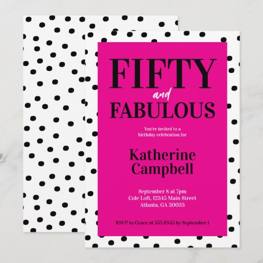 Fifty and Fabulous Black Hot Pink 50th Birthday Kaart (Voorkant / Achterkant)