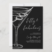 Fifty and Fabulous Black Script Line Art Martini Kaart (Voorkant)