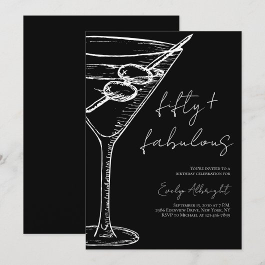Fifty and Fabulous Black Script Line Art Martini Kaart (Voorkant / Achterkant)