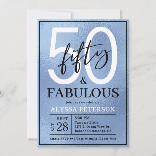 Fifty and Fabulous Dusty Blue Script 50th Birthday Kaart (Voorkant)