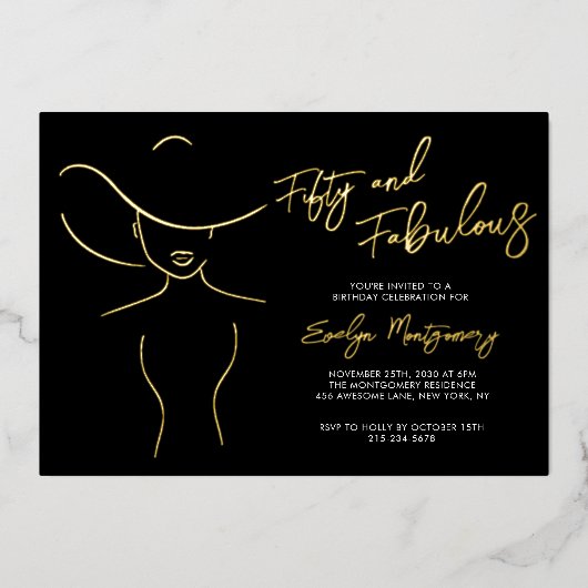 Fifty and Fabulous Foil Line Art Birthday Party Folie Uitnodiging (Voorkant)