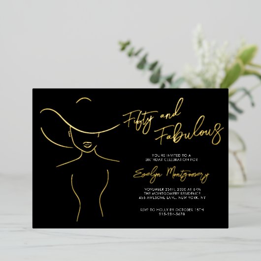 Fifty and Fabulous Foil Line Art Birthday Party  Folie Uitnodiging (Staand Voorkant)