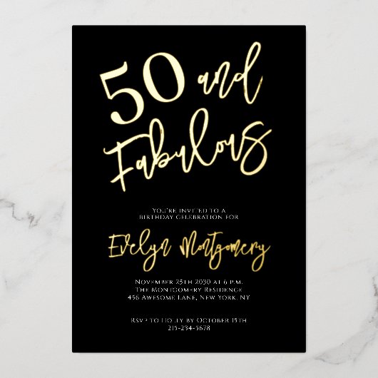 Fifty and Fabulous Gold Black 50th Birthday Party Folie Uitnodiging (Voorkant)