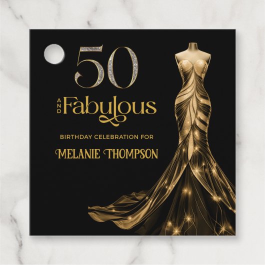 Fifty and Fabulous Gold Dress Black 50th Birthday Bedankjes Labels (Voorkant)