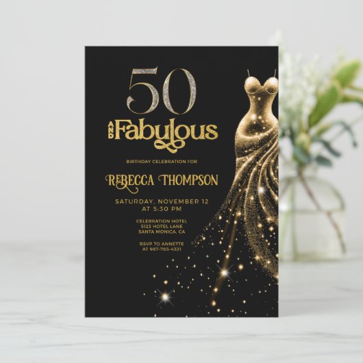 Fifty and Fabulous Gold Dress Black 50th Birthday Kaart (Staand voorkant)