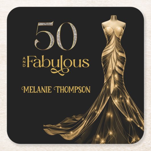 Fifty and Fabulous Gold Dress Black 50th Birthday Kartonnen Onderzetters (Voorkant)