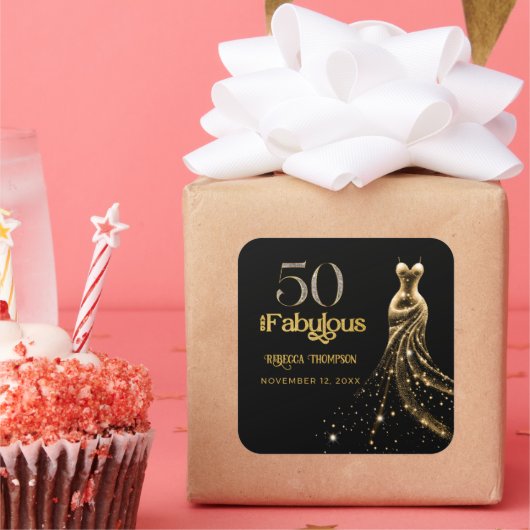 Fifty and Fabulous Gold Dress Black 50th Birthday Vierkante Sticker (Feest)