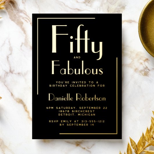 Fifty and Fabulous Gold Foil 50th Birthday Party Folie Uitnodiging