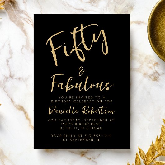 Fifty and Fabulous Gold Script 50th Birthday Party Kaart