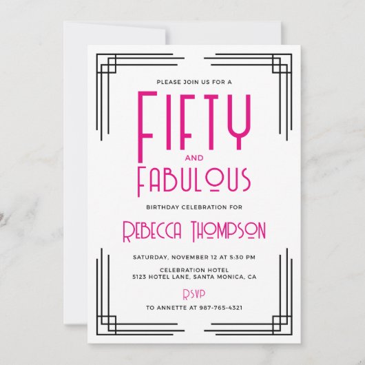 Fifty and Fabulous Hot Pink Art Deco 50th Birthday Kaart (Voorkant)