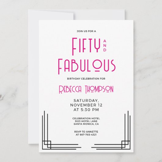 Fifty and Fabulous Hot Pink Art Deco 50th Birthday Kaart (Voorkant)