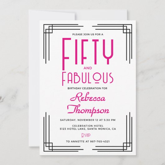 Fifty and Fabulous Hot Pink Art Deco 50th Birthday Kaart (Voorkant)