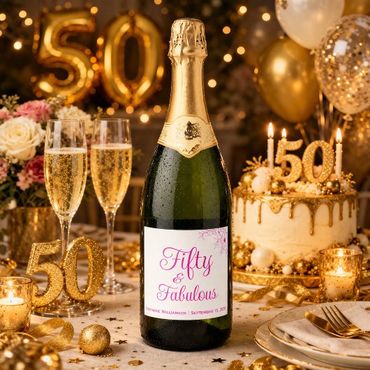 Fifty and Fabulous Modern Script Birthday Party Sparkling Wijnetiket