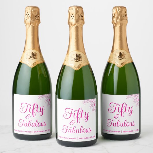 Fifty and Fabulous Modern Script Birthday Party Sparkling Wijnetiket (Flessen)
