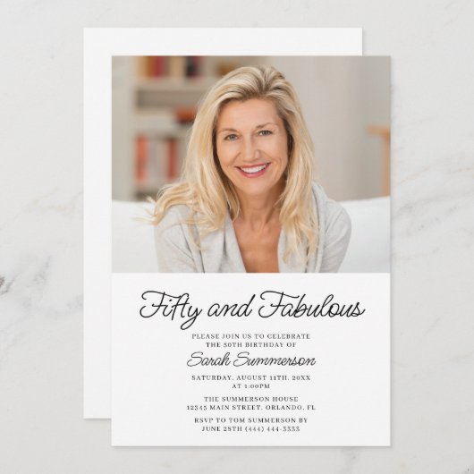 Fifty and Fabulous Photo 50th Birthday Party Kaart (Voorkant / Achterkant)
