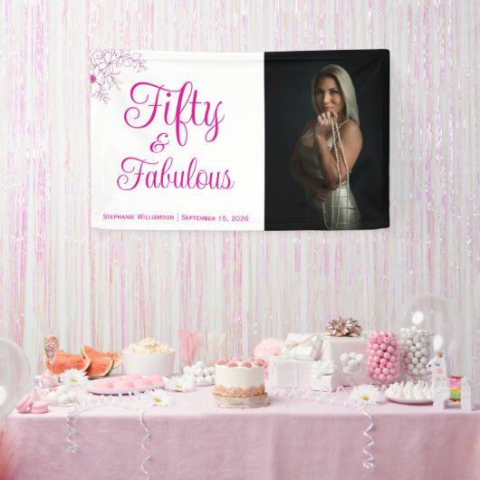 Fifty and Fabulous Photo Name Date Birthday Party Spandoek (Feest)