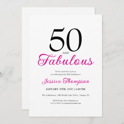 Fifty and Fabulous Pink Script 50th Birthday Kaart (Voorkant / Achterkant)