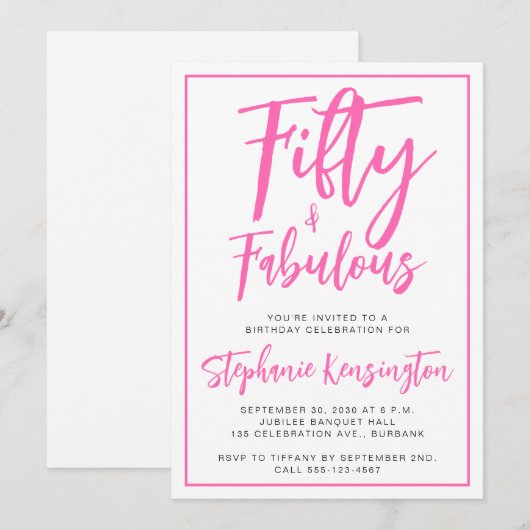 Fifty and Fabulous Pink Script 50th Birthday Party Kaart (Voorkant / Achterkant)