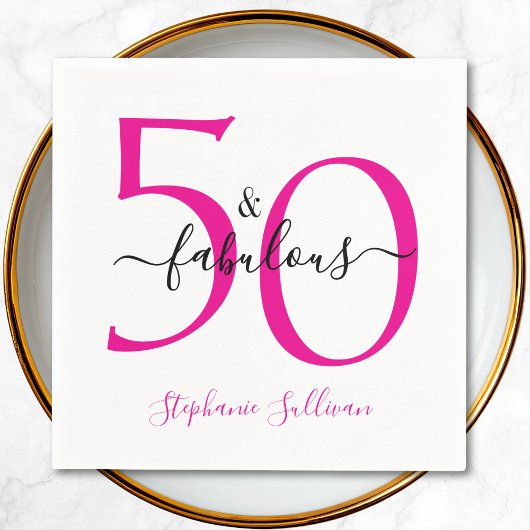 Fifty and Fabulous Pink Script 50th Birthday Party Servet