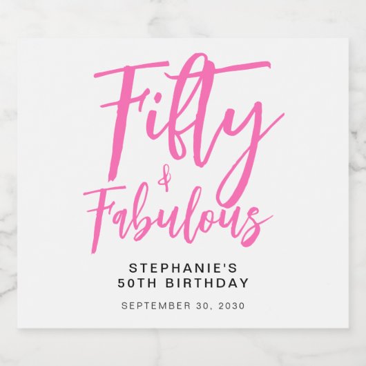 Fifty and Fabulous Pink Script 50th Birthday Party Sparkling Wijnetiket (Enkel label)