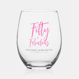 Fifty and Fabulous Pink Script 50th Birthday Party Wijnglas Zonder Voet