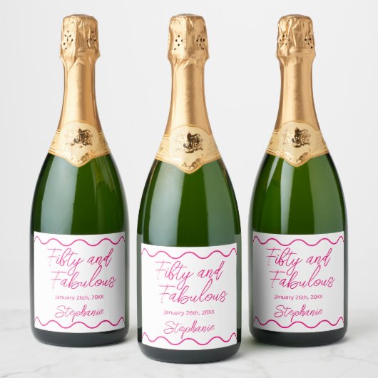 Fifty and Fabulous Pink Script Sparkling Wijnetiket (Flessen)