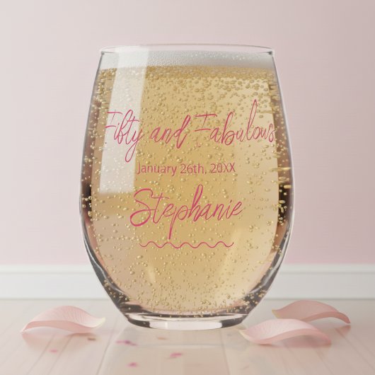Fifty and Fabulous Pink Script Wijnglas Zonder Voet