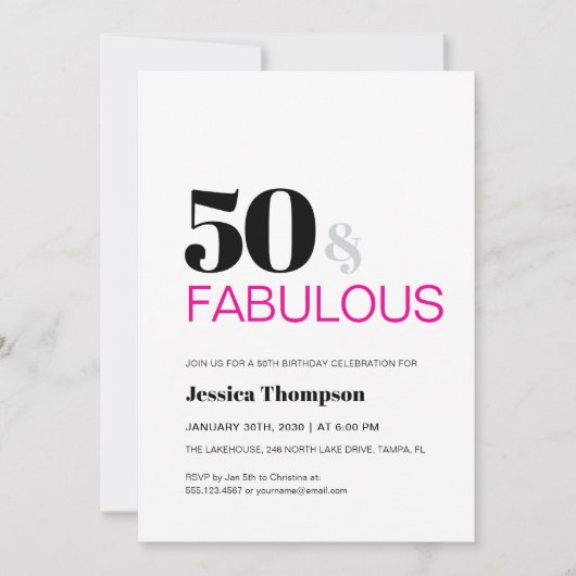 Fifty and Fabulous Pink Typography 50 Birthday Kaart (Voorkant)
