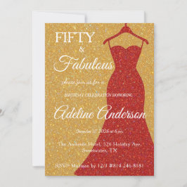 Fifty and Fabulous Script Gold Red White 50th Kaart