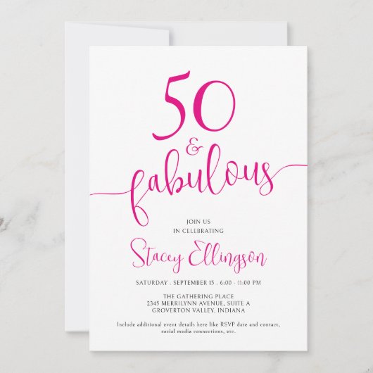 Fifty and Fabulous Script Pink 50th Birthday Party Kaart (Voorkant)