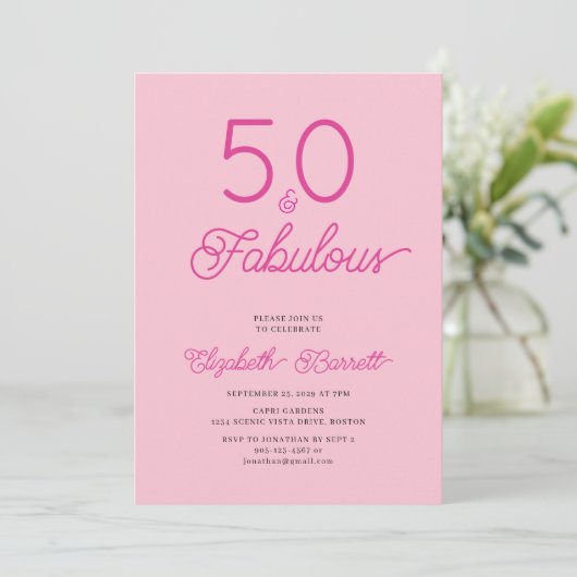Fifty and Fabulous Script Pink 50th Birthday Party Kaart (Staand voorkant)