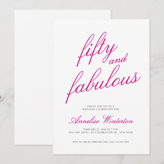Fifty and Fabulous Script Pink 50th Birthday Party Kaart (Voorkant / Achterkant)