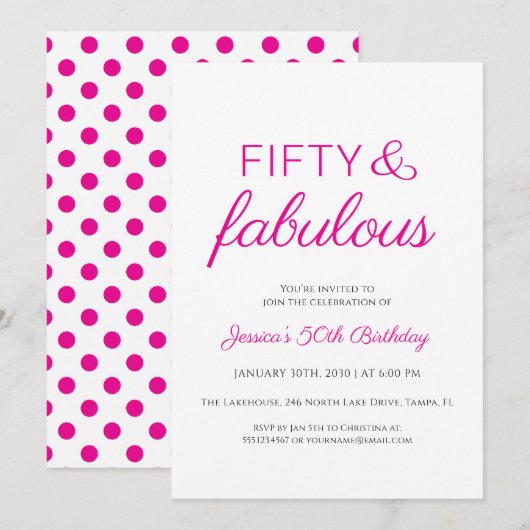 Fifty and Fabulous Script Pink 50th Birthday Party Kaart (Voorkant / Achterkant)