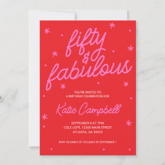 Fifty and Fabulous Script Pink Red 50th Birthday Kaart