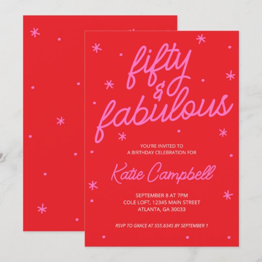 Fifty and Fabulous Script Pink Red 50th Birthday Kaart (Voorkant / Achterkant)