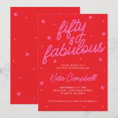 Fifty and Fabulous Script Pink Red 50th Birthday Kaart (Voorkant / Achterkant)