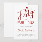 Fifty and Fabulous Script Red 50th Birthday Party Kaart (Voorkant / Achterkant)