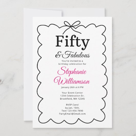Fifty and Fabulous Whimsical Black and Pink Script Kaart (Voorkant)