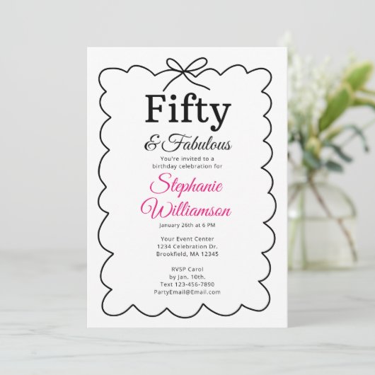 Fifty and Fabulous Whimsical Black and Pink Script Kaart (Staand voorkant)