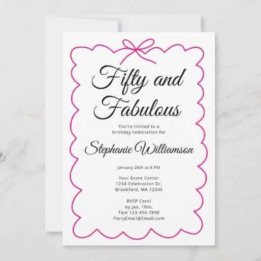 Fifty and Fabulous Whimsical Pink and Black Script Kaart (Voorkant)