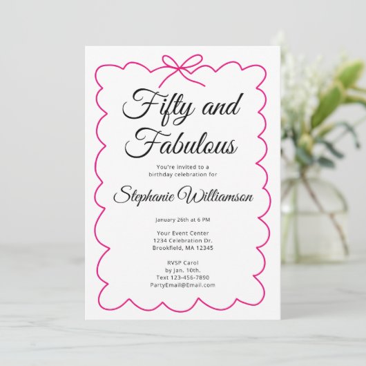 Fifty and Fabulous Whimsical Pink and Black Script Kaart (Staand voorkant)