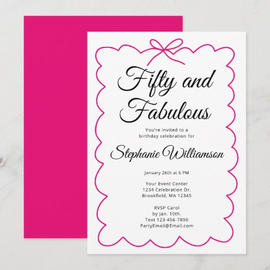 Fifty and Fabulous Whimsical Pink and Black Script Kaart (Voorkant / Achterkant)