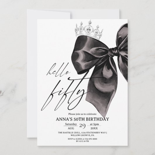 Fifty Black Bow 50th Birthday Invitation Kaart (Voorkant)