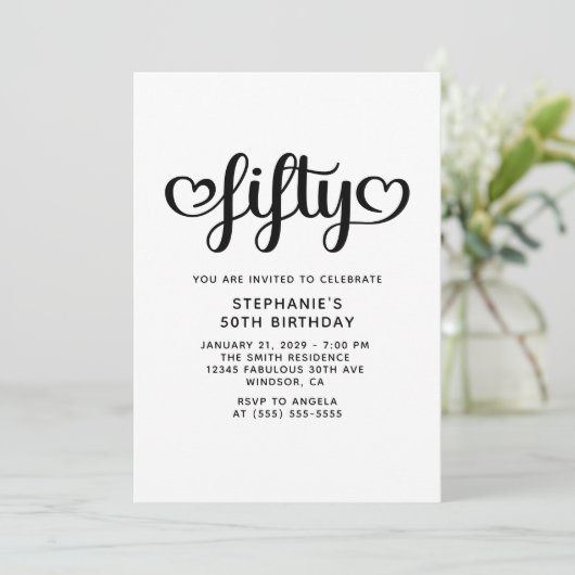 Fifty Cute Hearts Script 50th Birthday Kaart (Staand voorkant)