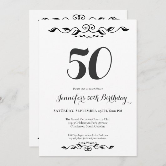 FIfty Elegant Zwart-wit 50e verjaardagsfeestje Kaart (Voorkant / Achterkant)