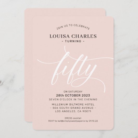 FIFTY elegante verjaardag chique script blush roze Kaart (Voorkant / Achterkant)