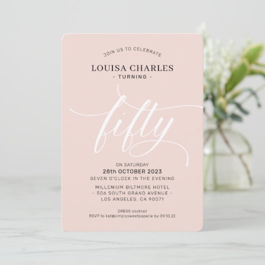 FIFTY elegante verjaardag chique script blush roze Kaart (Staand voorkant)