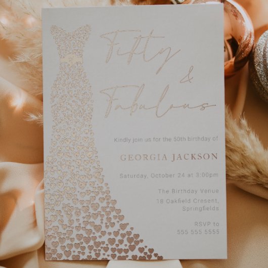 Fifty & Fab Jurk 50e Verjaardag Echt Roos Goud Folie Uitnodiging