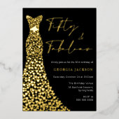 Fifty & Fab Jurk 50e verjaardag Zwart Echt Goud Folie Uitnodiging (Voorkant)